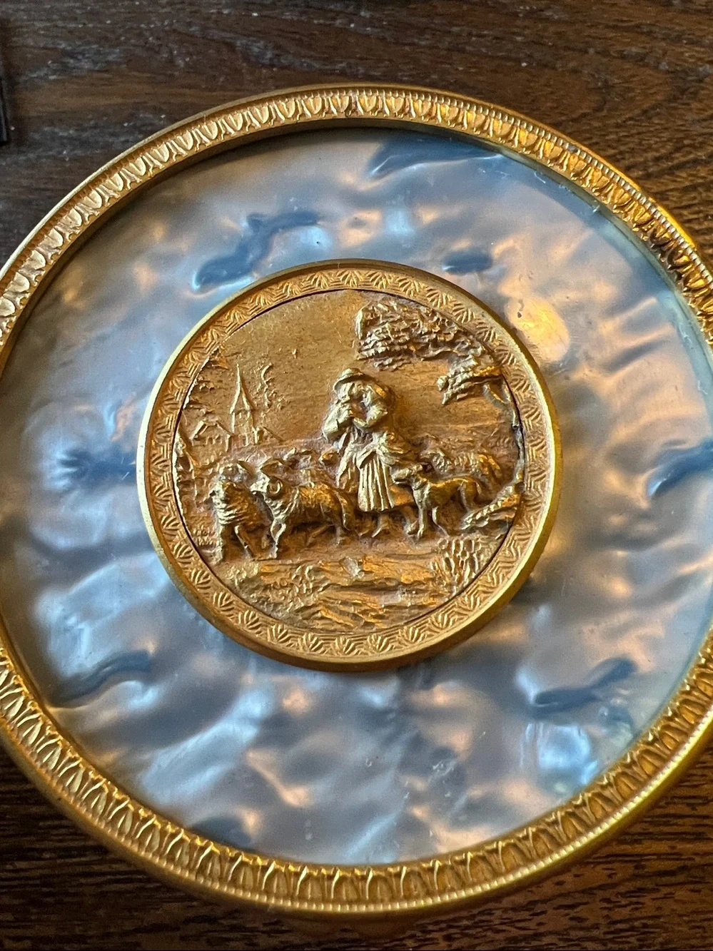 Antique French footed Round Gilt Powder Box Mirror music box guilloché enamel